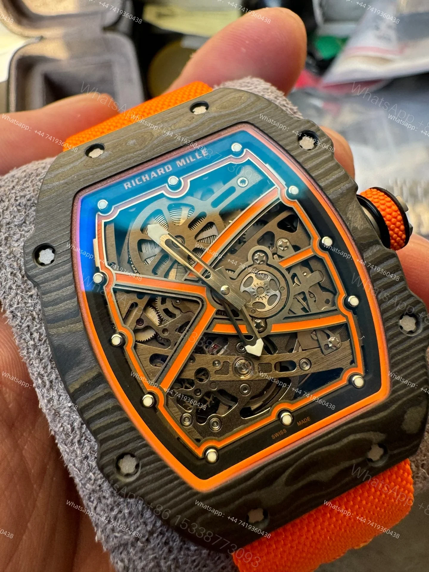 View 8 of Super Clone Richard Mille RM67-02 Carbon TPT Skeleton Tourbillon 1:1 Replica Watch with Orange Strap