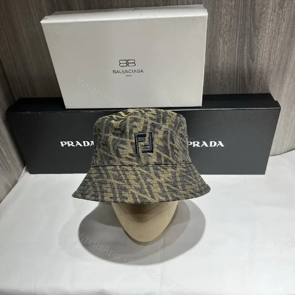 View 3 of Brown & Beige Monogram Bucket Hat – Fendi-Style Logo Crown Front