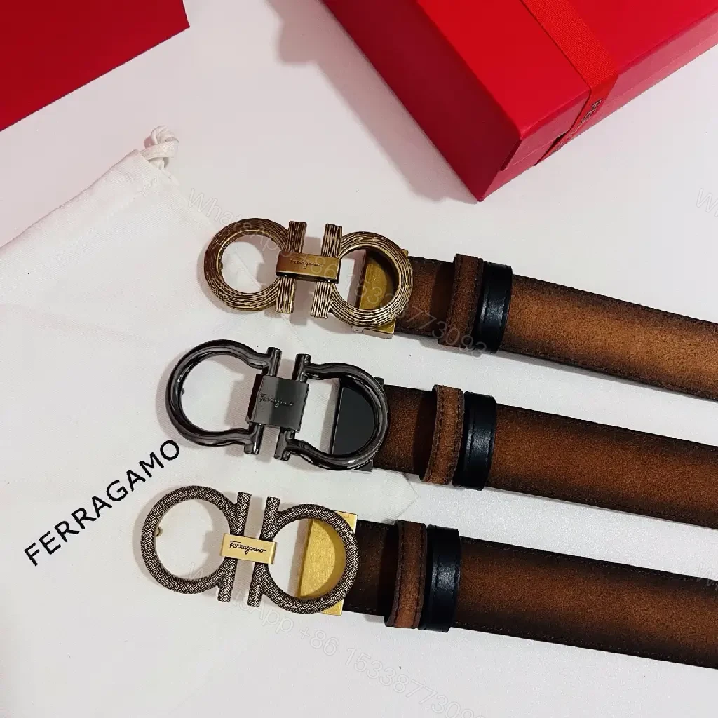View 3 of Brown Leather Belt Distressed Matte Double-GC Buckle Ferragamo Logo Belt