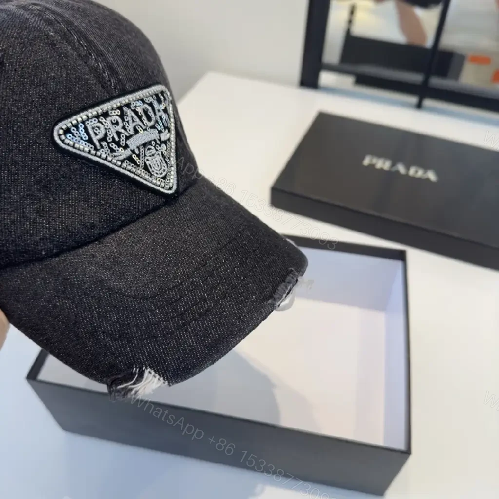 View 6 of Dark Denim Cap - Distressed, Rhinestone Prada Patch, Casual Baseball Cap