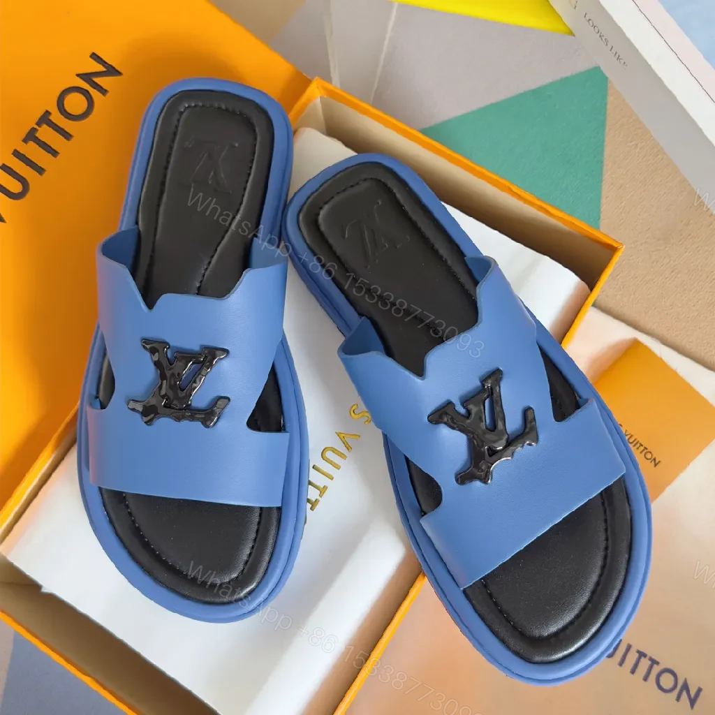 Blue Leather Slip-Ons with LV Detail, Cushioned, Slip-On Shoes — view 1