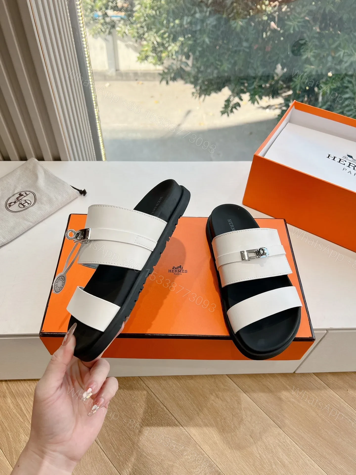 View 6 of Hermes Women White Leather Straps Flat Sandals