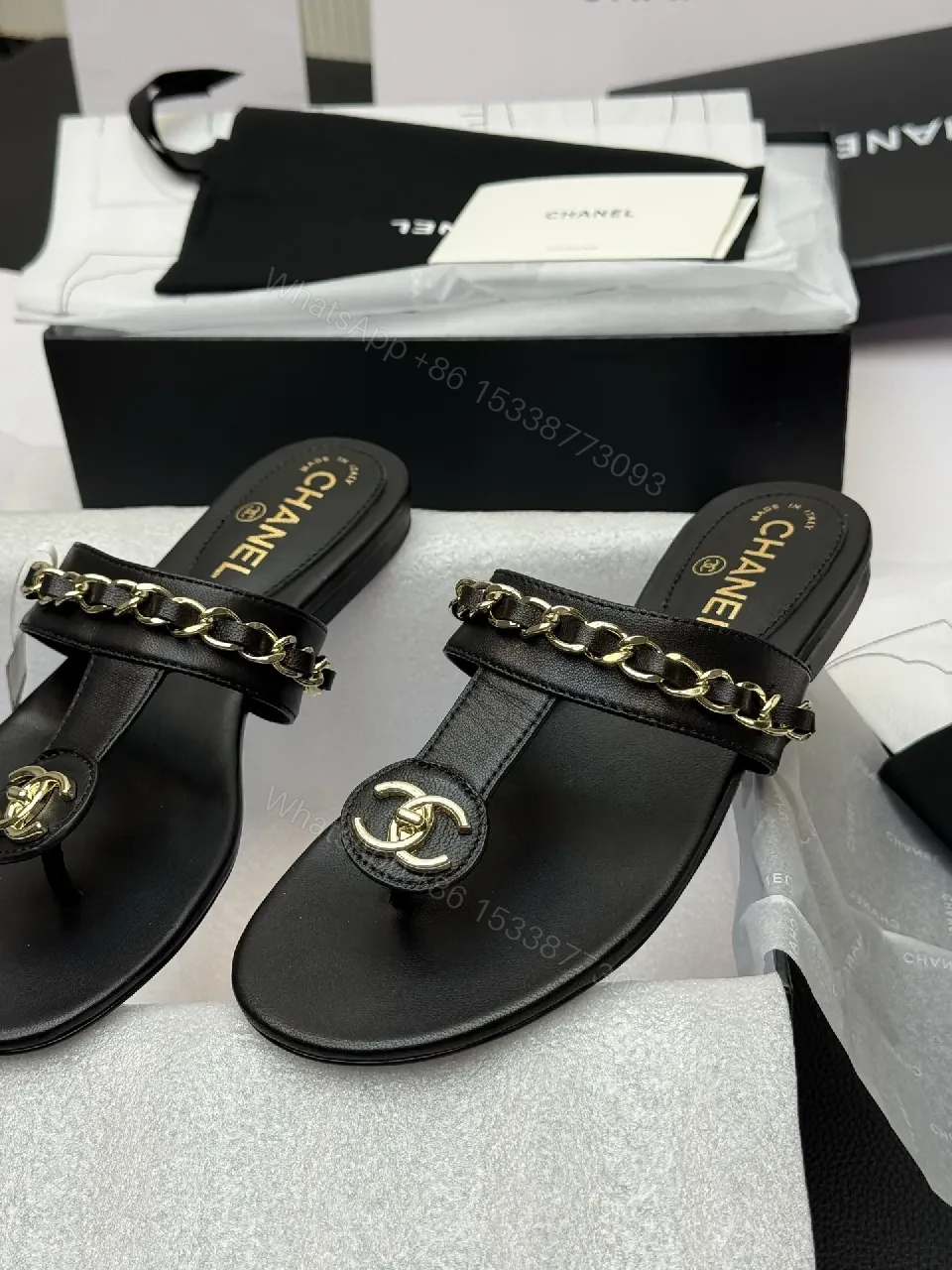 View 5 of Black Leather Chain Sandals, Gold-Tone Detail, Open-Toe, Comfort