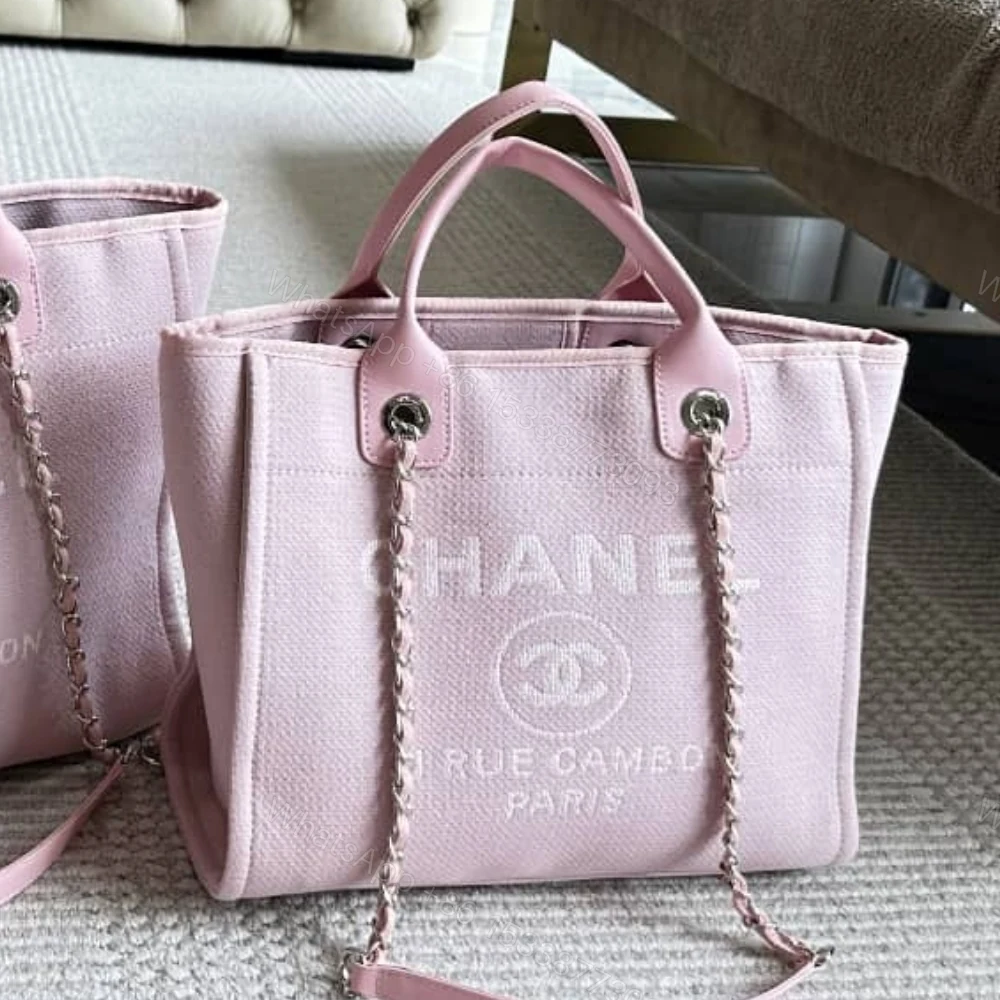 View 2 of Chanel Small Deauville Shopping Tote Bag Mixed Fibers Pink 33Cm