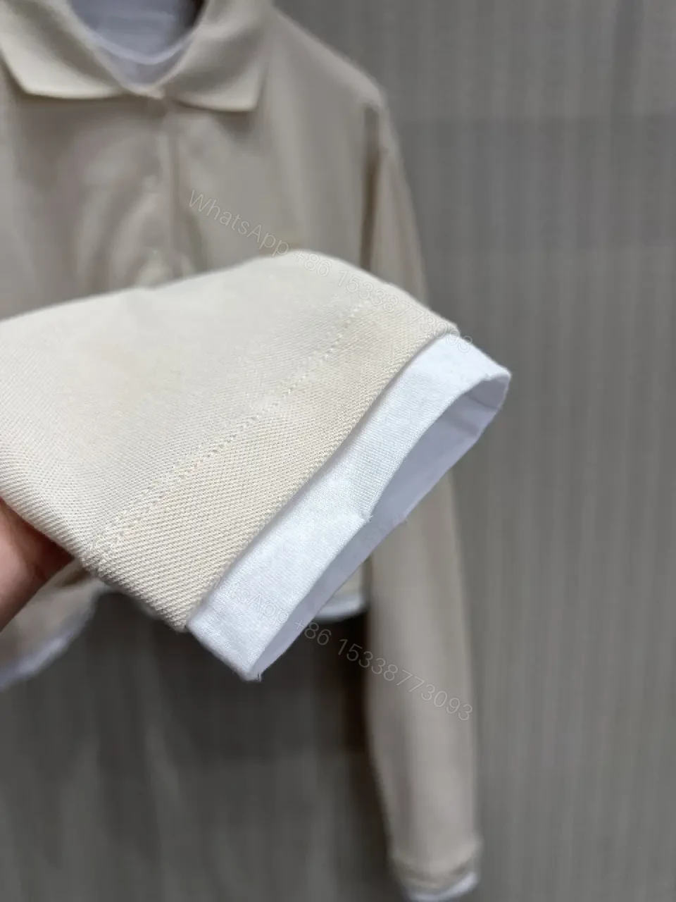 View 3 of Off-White/Cream Knit Cropped Polo Shirt with Ribbed Trim and Logo