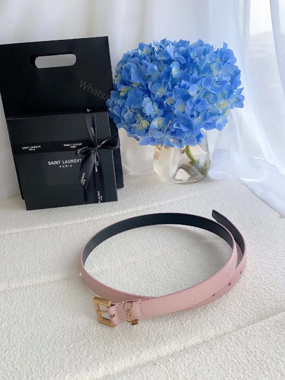 View 2 of Soft Pink Leather Belt with Gold-Tone Double T Buckle