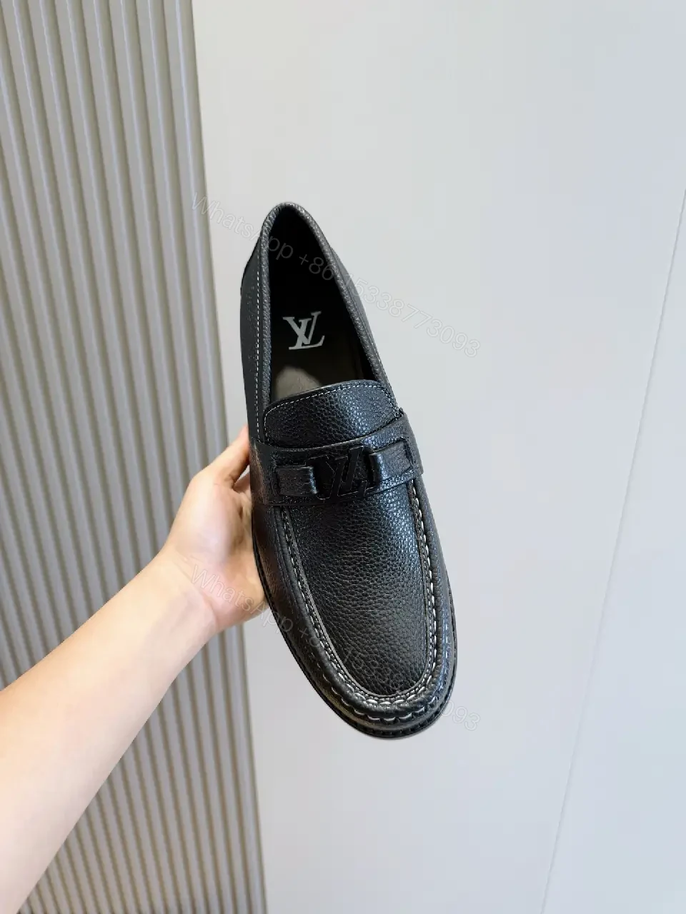 View 4 of Black Leather Loafers Louis-like Logo Comfort Slip-ons