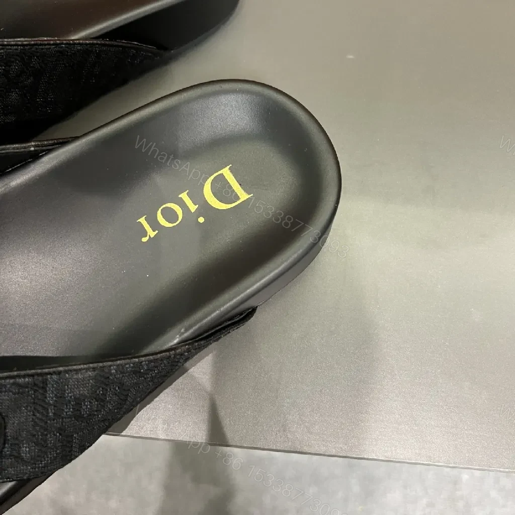 View 5 of Black Leather Sandals, Jacquard Straps, Minimalist, Cushioned Footbed, Sandals