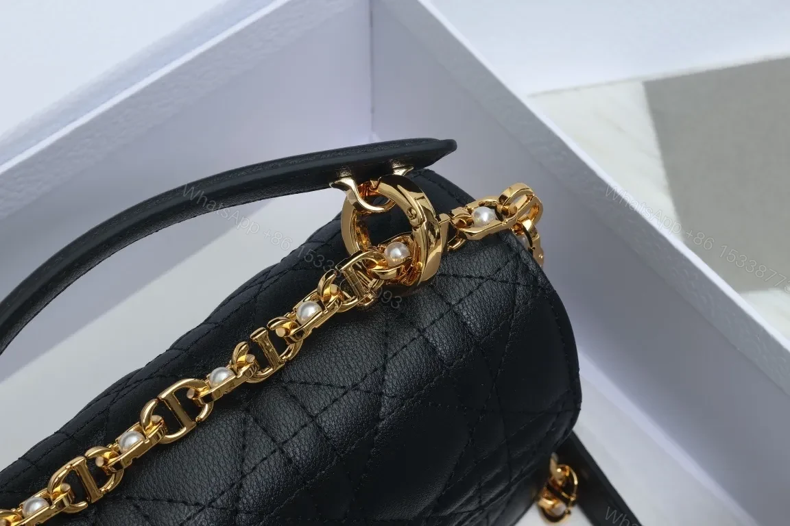 View 5 of Black Micro-Quilt Leather Shoulder Bag with Gold Hardware