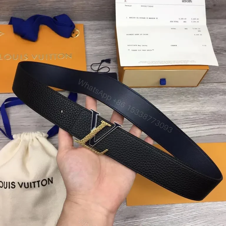 View 3 of Premium Black Pebbled Leather Belt with Gold LV-Inspired Buckle