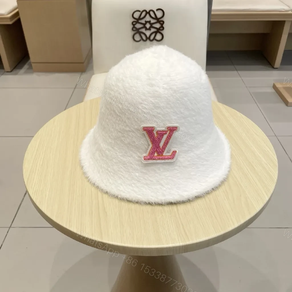 White Fuzzy Bucket Hat - Pink Monogram Designer-Inspired Logo — view 1