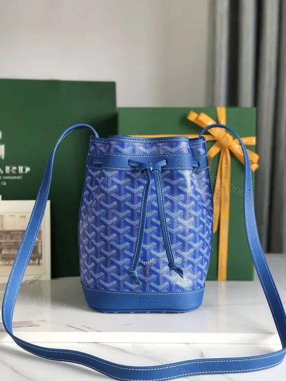View 2 of Blue + Goyardine-Pattern + Bucket Bag + Everyday Versatility + Handbag