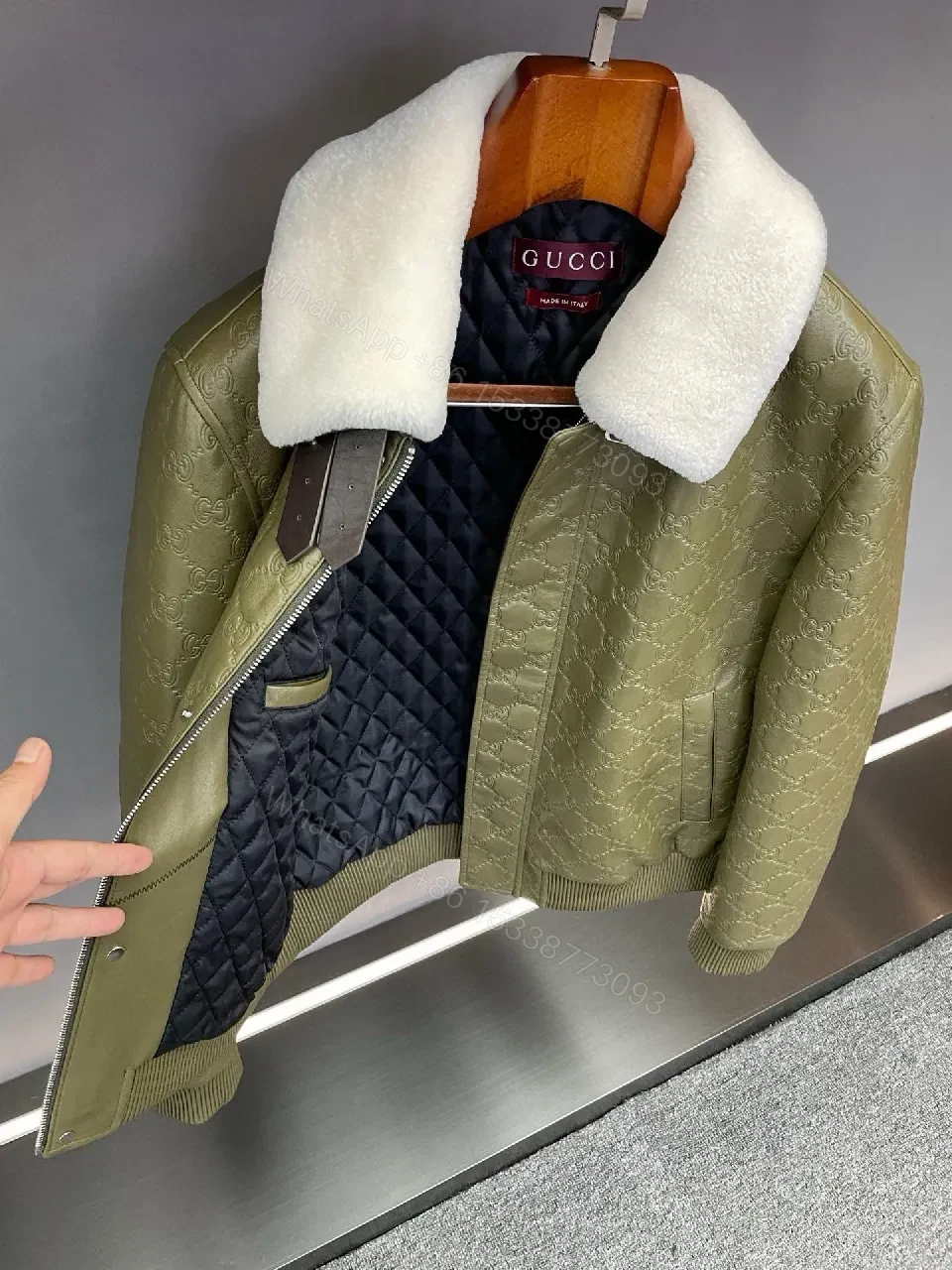View 7 of Olive Quilted Jacket with Off-White Shearling Collar