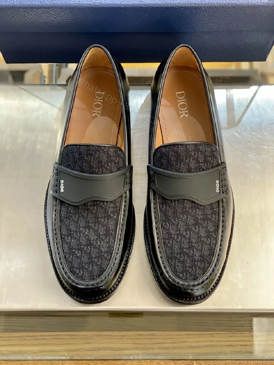 View 3 of Black Leather Dior-Pattern Slip-On Loafers