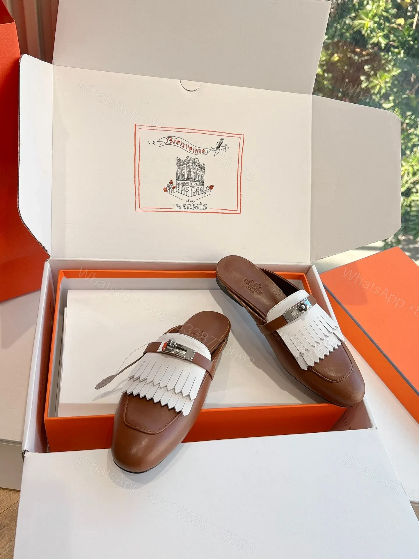View 5 of Hermes Women Brown White Leather Fringe Mules