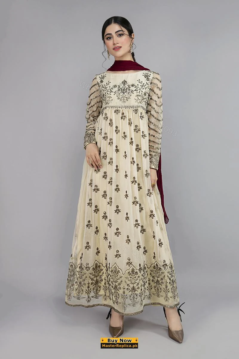 Maria B Off White Chiffon Frock Master Replica — view 1