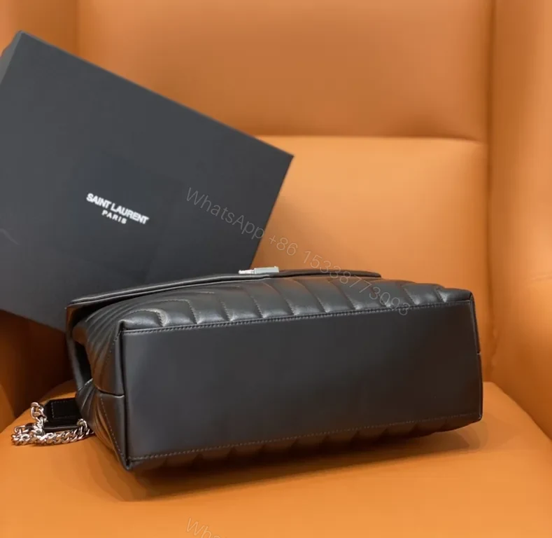 View 8 of Chevron-Quilted Black Leather Crossbody Bag with YSL Hardware