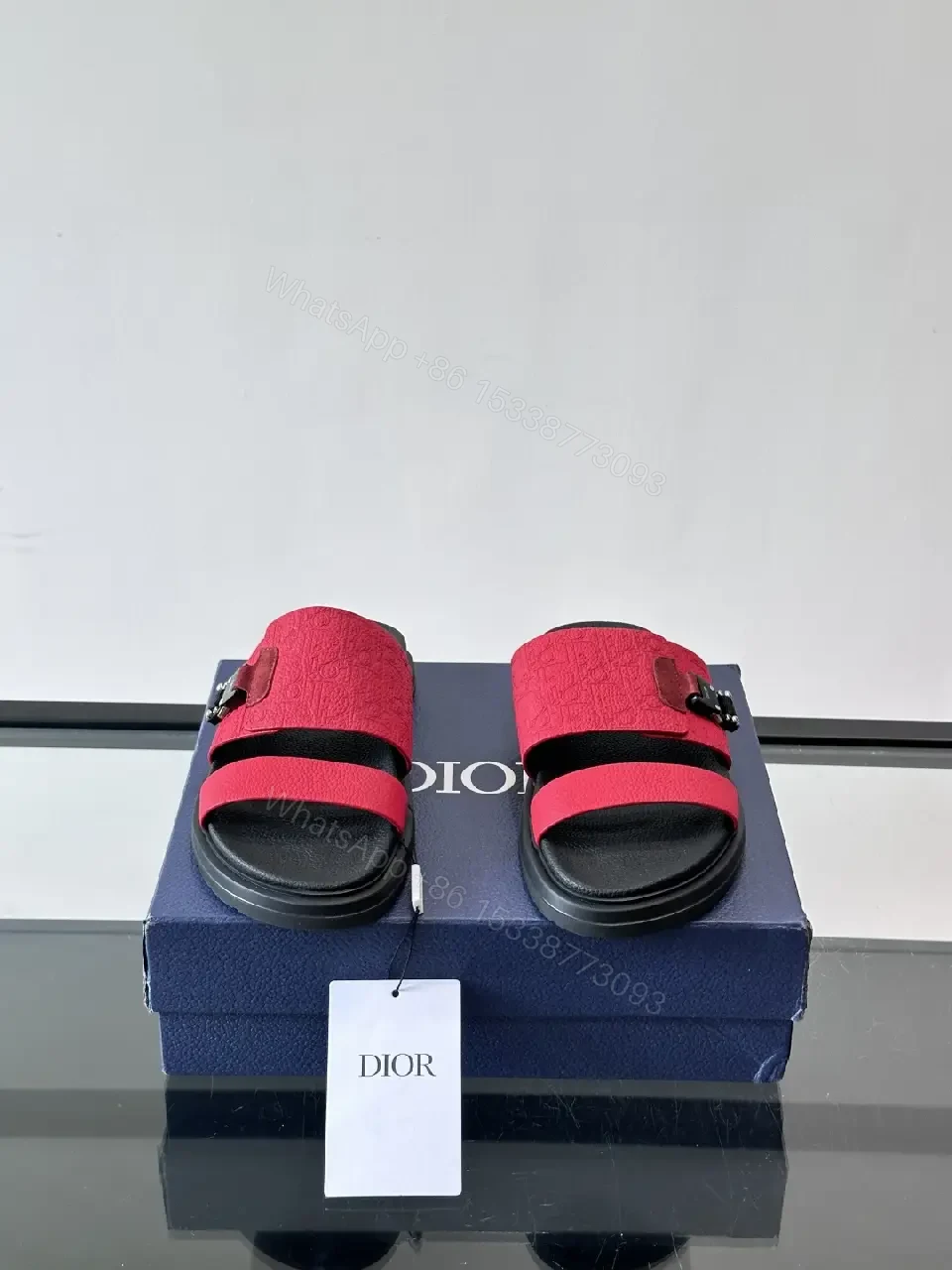 View 9 of Red Suede Leather Style Buckle Accent Dior Slides