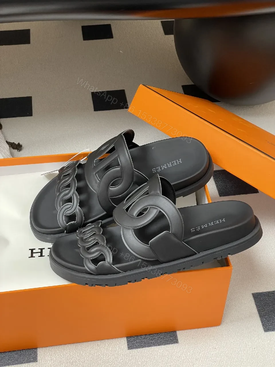 View 7 of Black Leather Double-Chain Slide Sandals: Modern Luxury