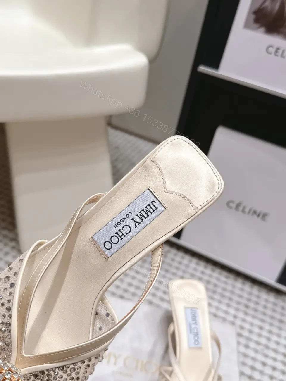 View 4 of Cream satin crystal-embellished kitten-heel sandals for luxury occasions