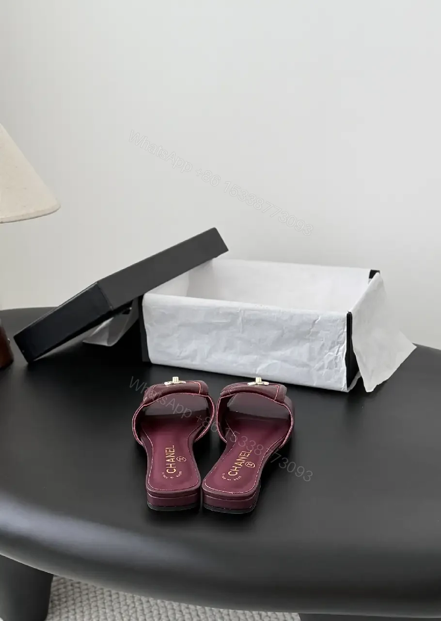 View 2 of Burgundy Leather Slides – Gold Logo Hardware, Premium Comfort
