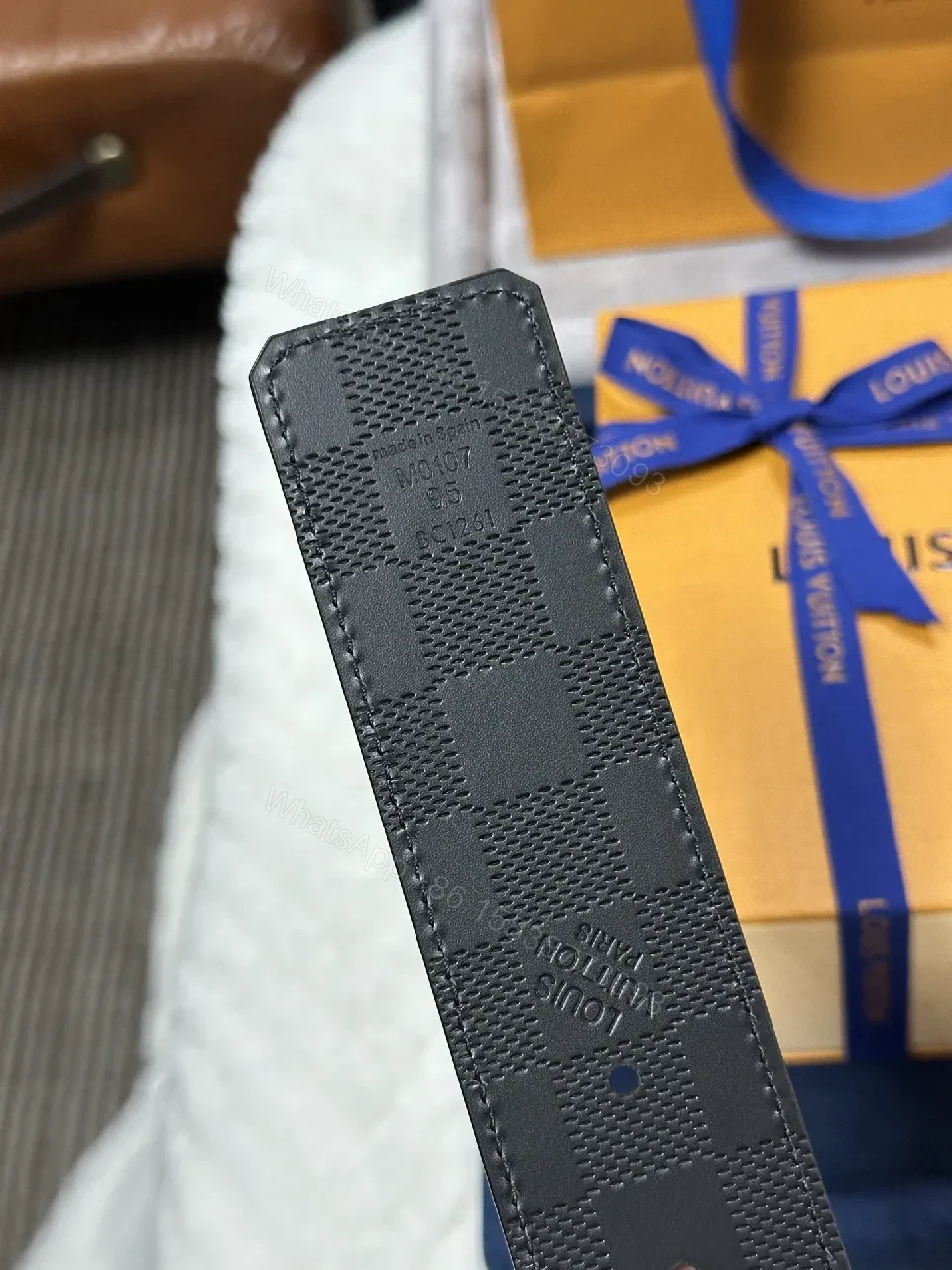 View 7 of Checkerboard Leather Belt with Signature Buckle — Modern Luxury Belt