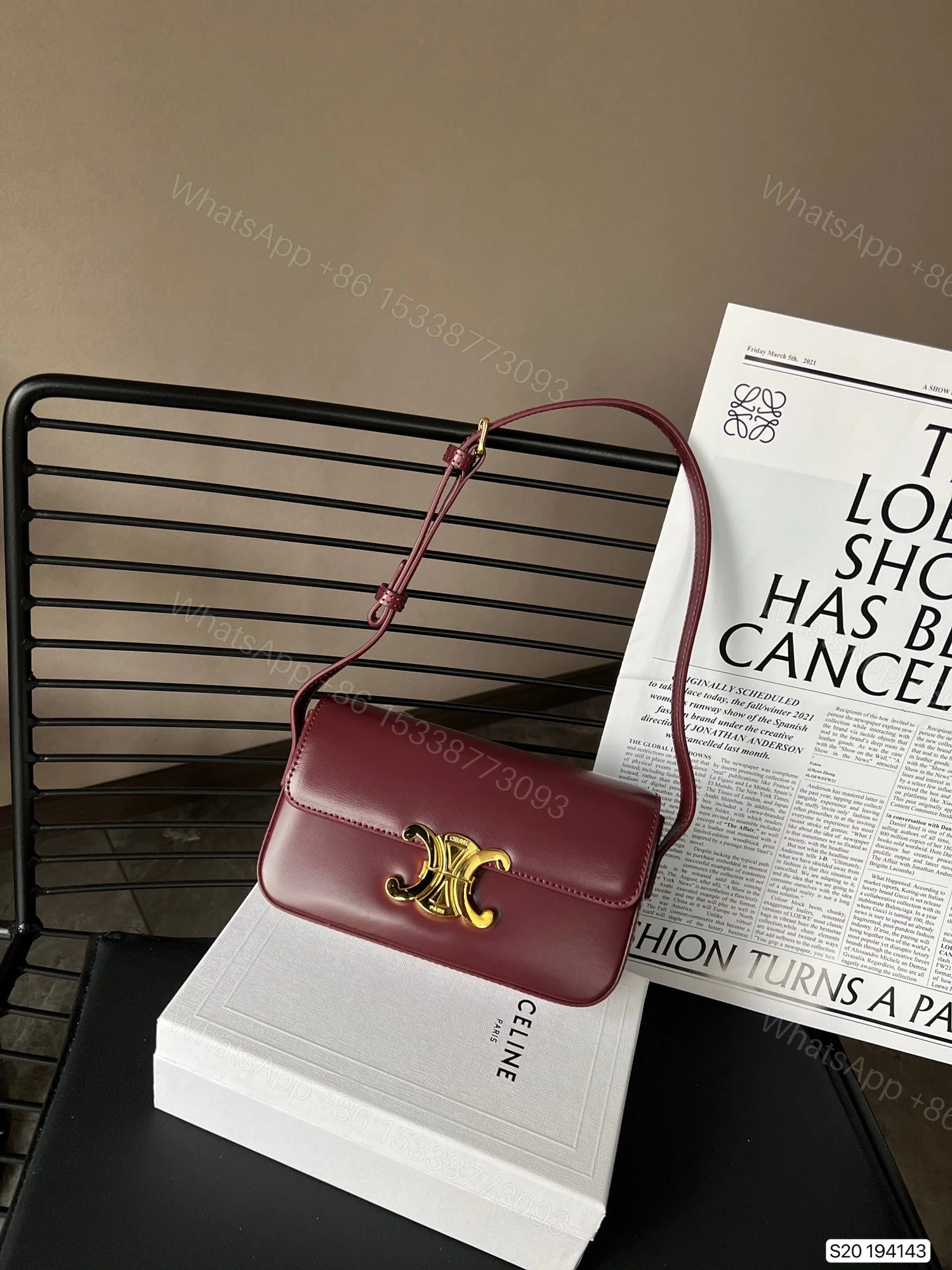 View 2 of CELINE SHOULDER BAG TRIOMPHE IN SHINY CALFSKIN DARK RED 18CM