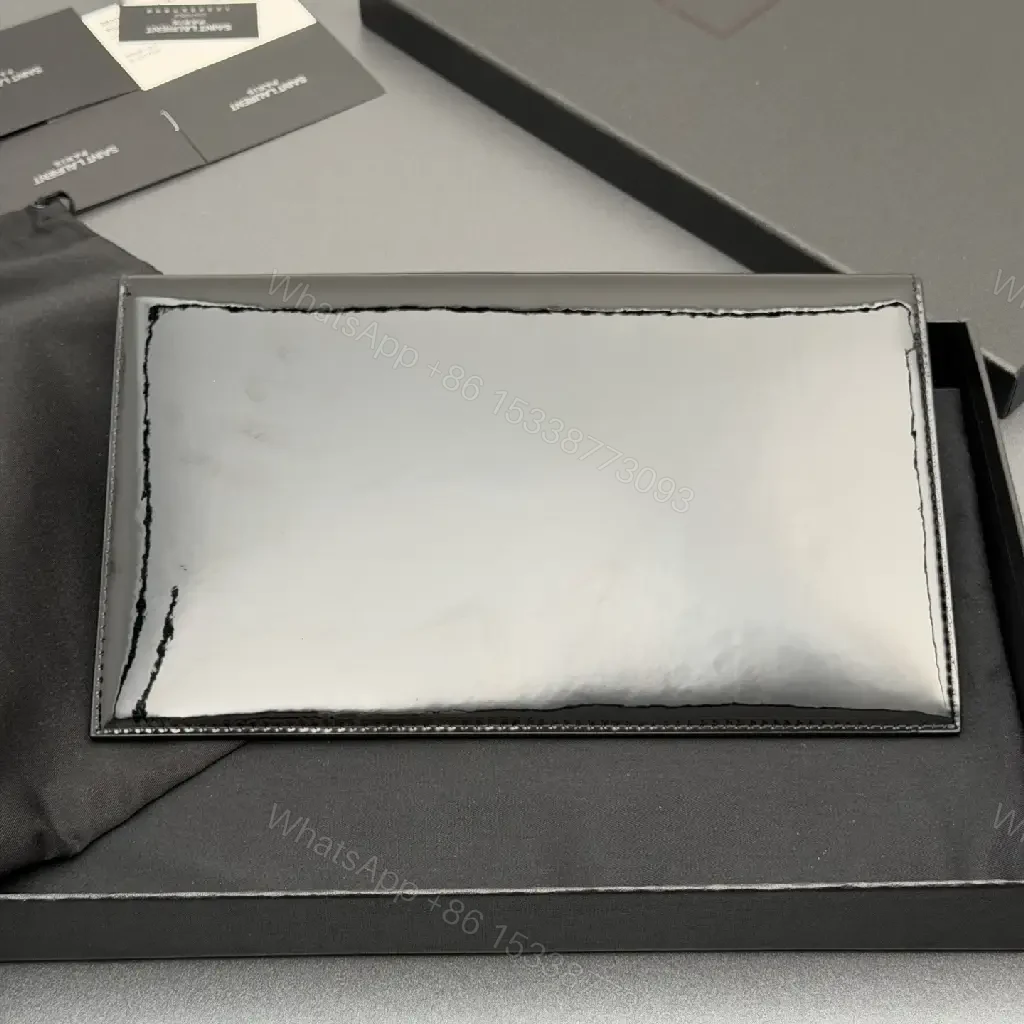View 6 of Glossy Patent Envelope Clutch: Luxe Gold Logo Wallet