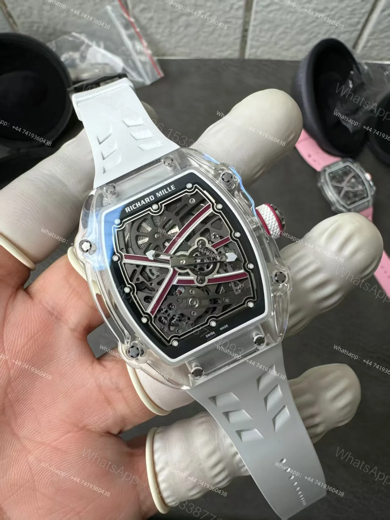 View 7 of Super Clone Richard Mille RM67-02 Sapphire Crystal Skeleton Tourbillon 1:1 Replica Watch with White Rubber Strap