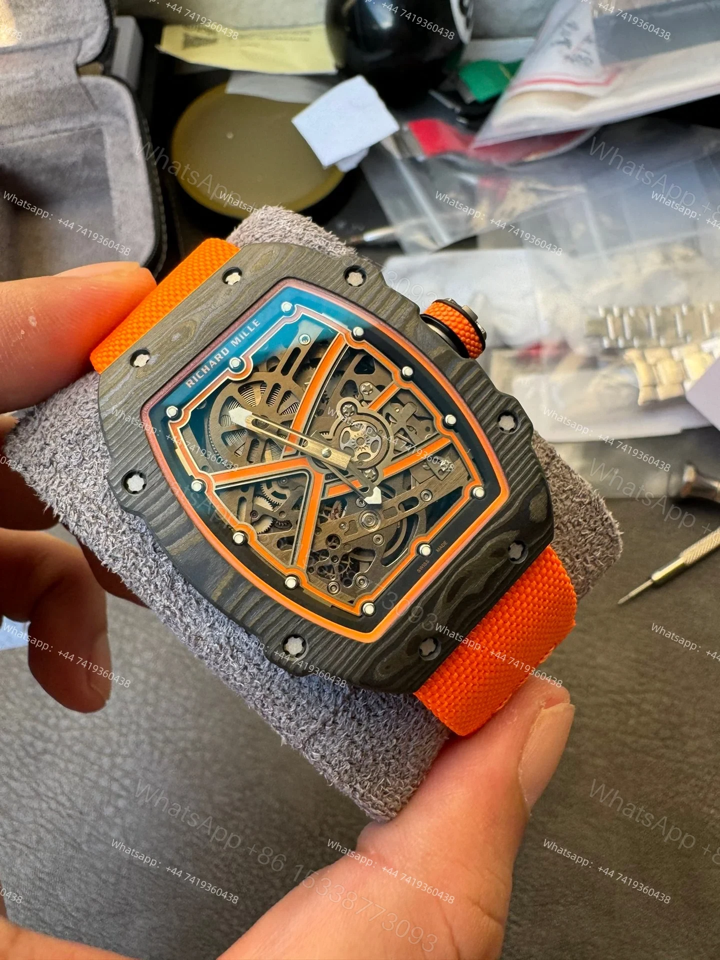 View 5 of Super Clone Richard Mille RM67-02 Carbon TPT Skeleton Tourbillon 1:1 Replica Watch with Orange Strap