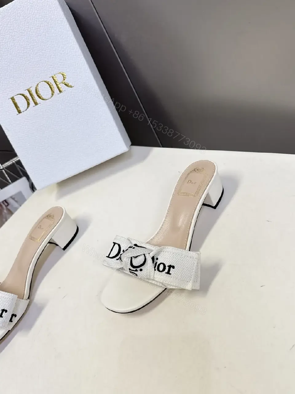View 3 of White Leather Dior-Style Bow Sandals, Slip-On Heeled Slide