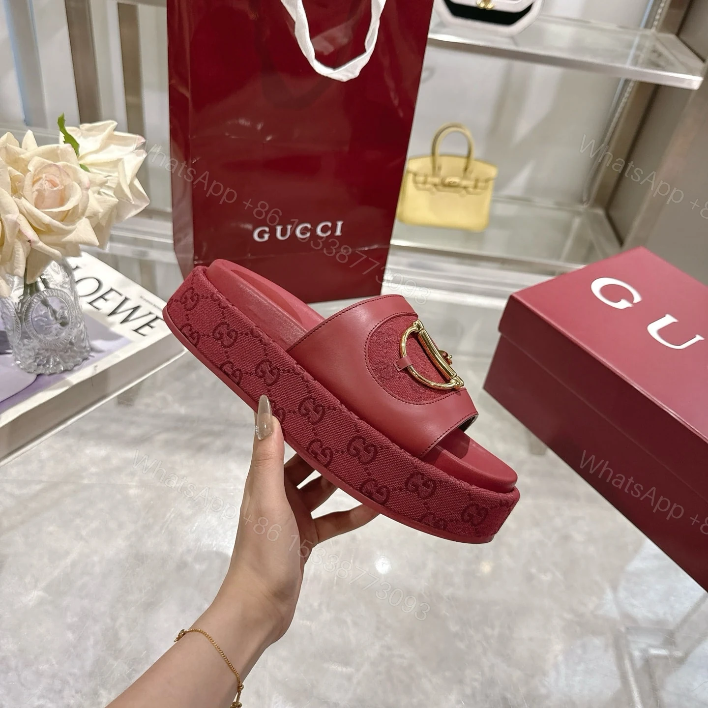 View 6 of GUCCI WOMEN’S PLATFORM SLIDES WITH HORSEBIT BURGUNDY