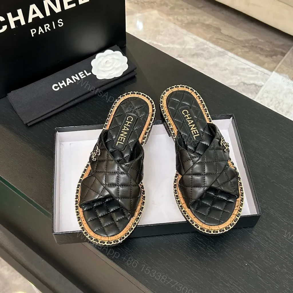 View 8 of Black Quilted Slip-Ons with Chain Trim: Elevated Comfort