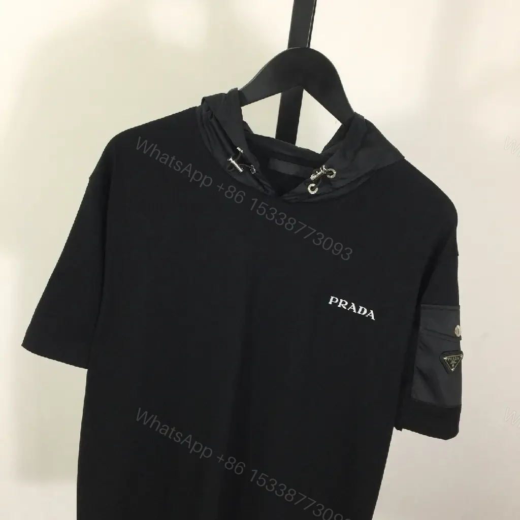 View 3 of Black Jersey Hooded Tee with Minimal Prada Detail