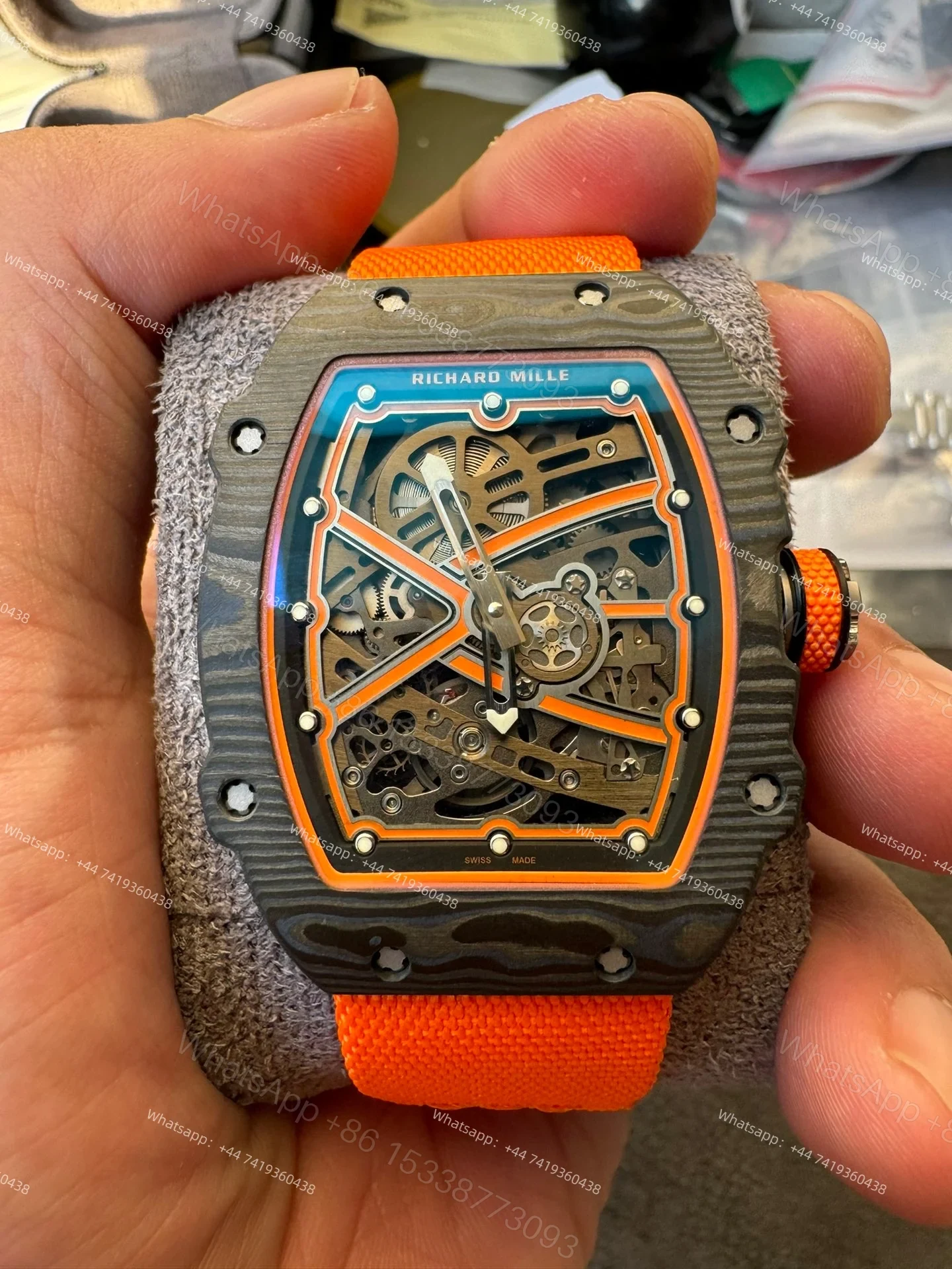 View 9 of Super Clone Richard Mille RM67-02 Carbon TPT Skeleton Tourbillon 1:1 Replica Watch with Orange Strap