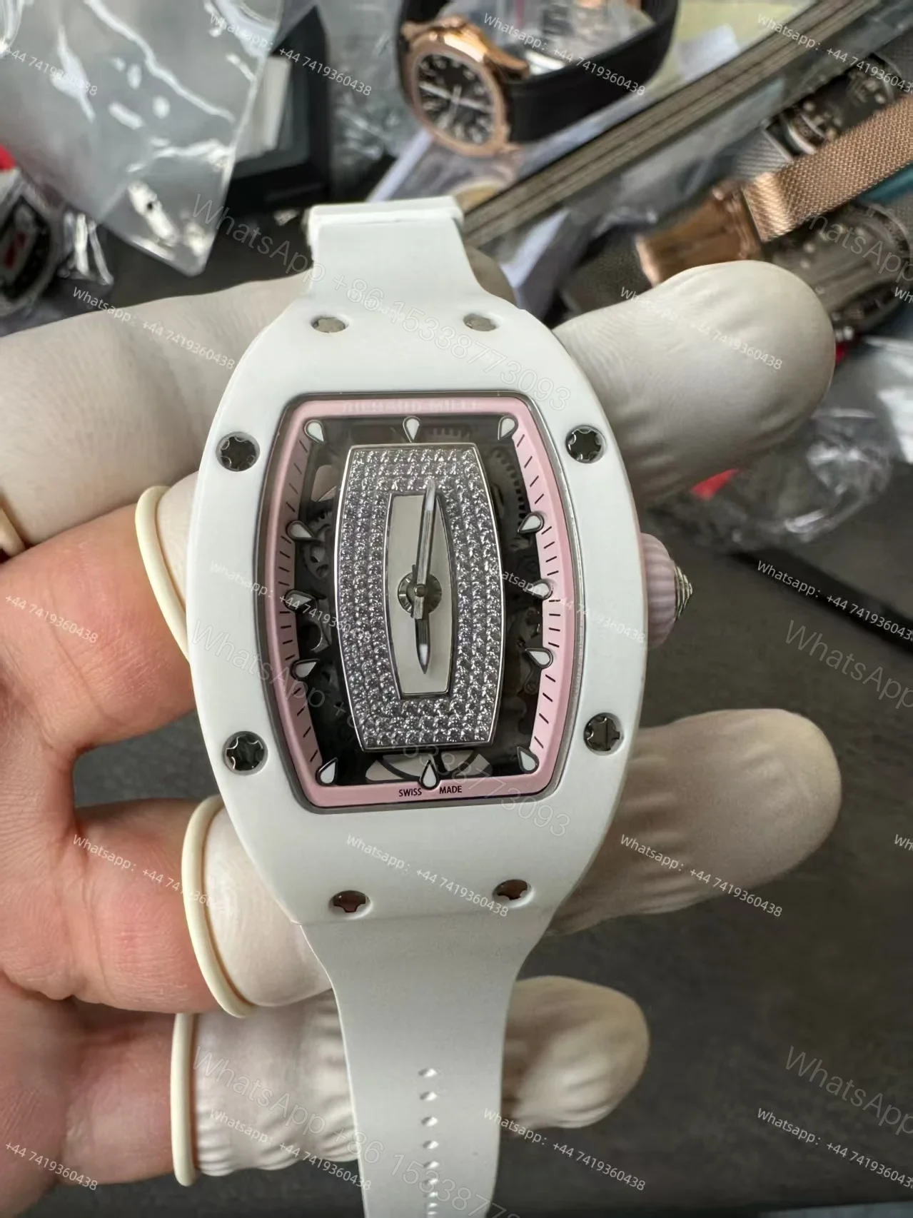 View 6 of Super Clone Richard Mille RM 07-01 White Ceramic Pink Diamond 1:1 Replica Watch