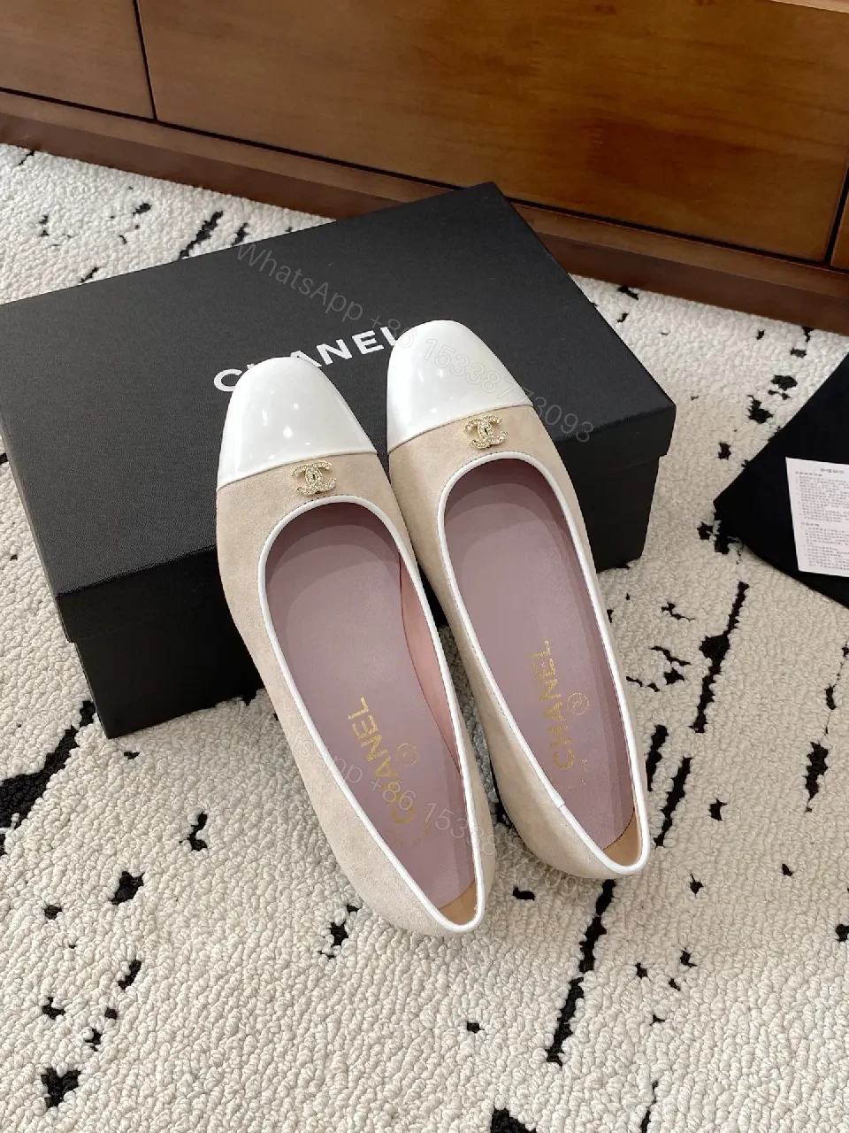View 8 of Beige Suede & White Patent Flats – Two-Tone, Subtle Luxury, Flats
