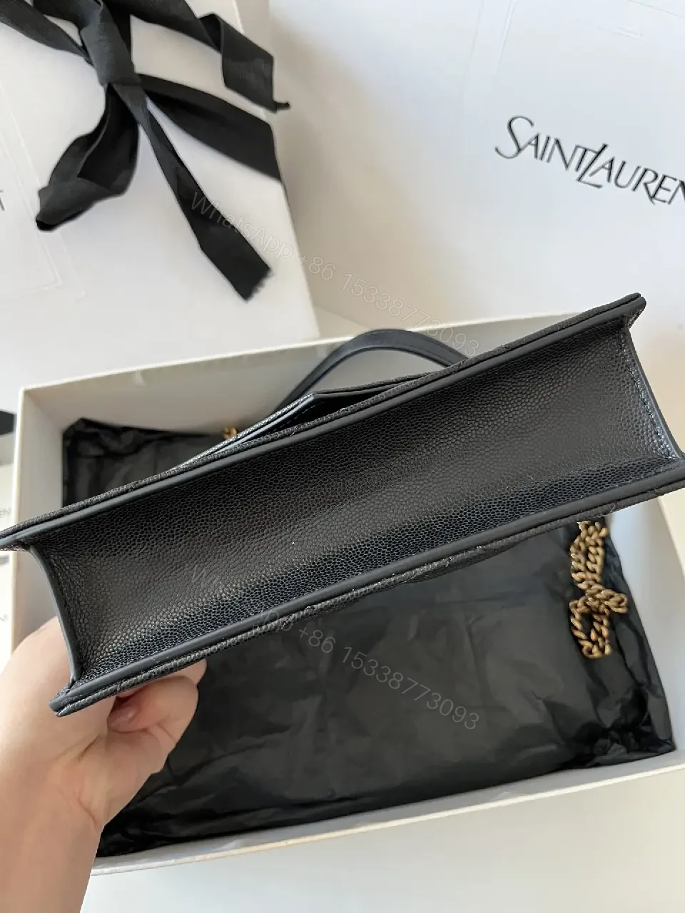 View 8 of Black Diamond Quilted Leather Flap Crossbody Bag with YSL Monogram Clasp
