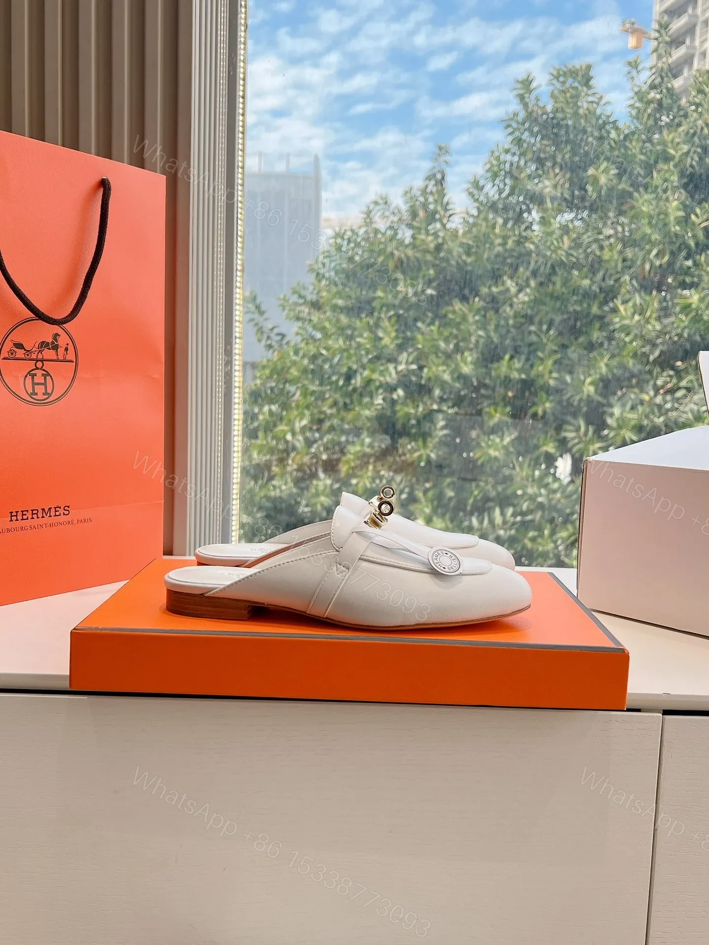 View 2 of Hermes Women White Leather Mules