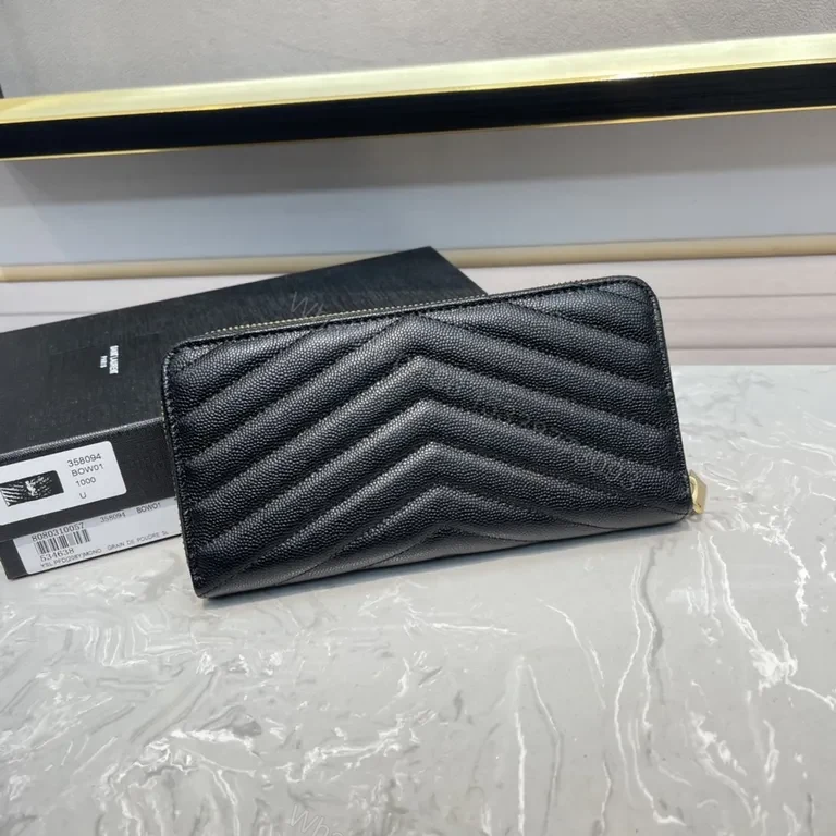 View 2 of Quilted Black Calfskin Wallet with Gold YSL Logo