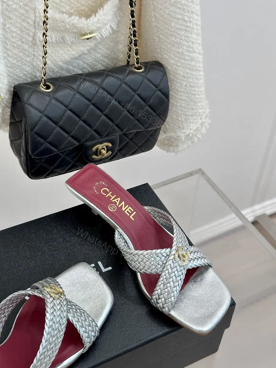View 4 of Silver Braided Slides Metallic Chanel-inspired Cushioned Comfort Mules