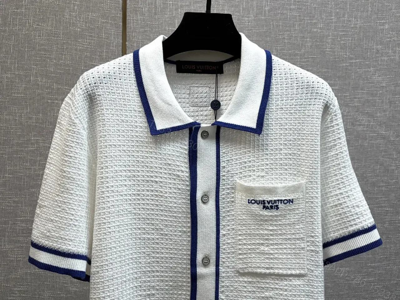 View 6 of White Knit Polo Shirt Blue Trim Louis Vuitton Style Key Pocket Polo Shirt