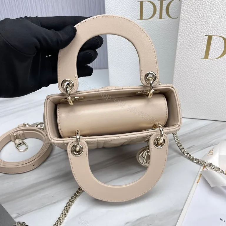 View 4 of Beige Vegan Leather Quilted Handbag with Dior Charm