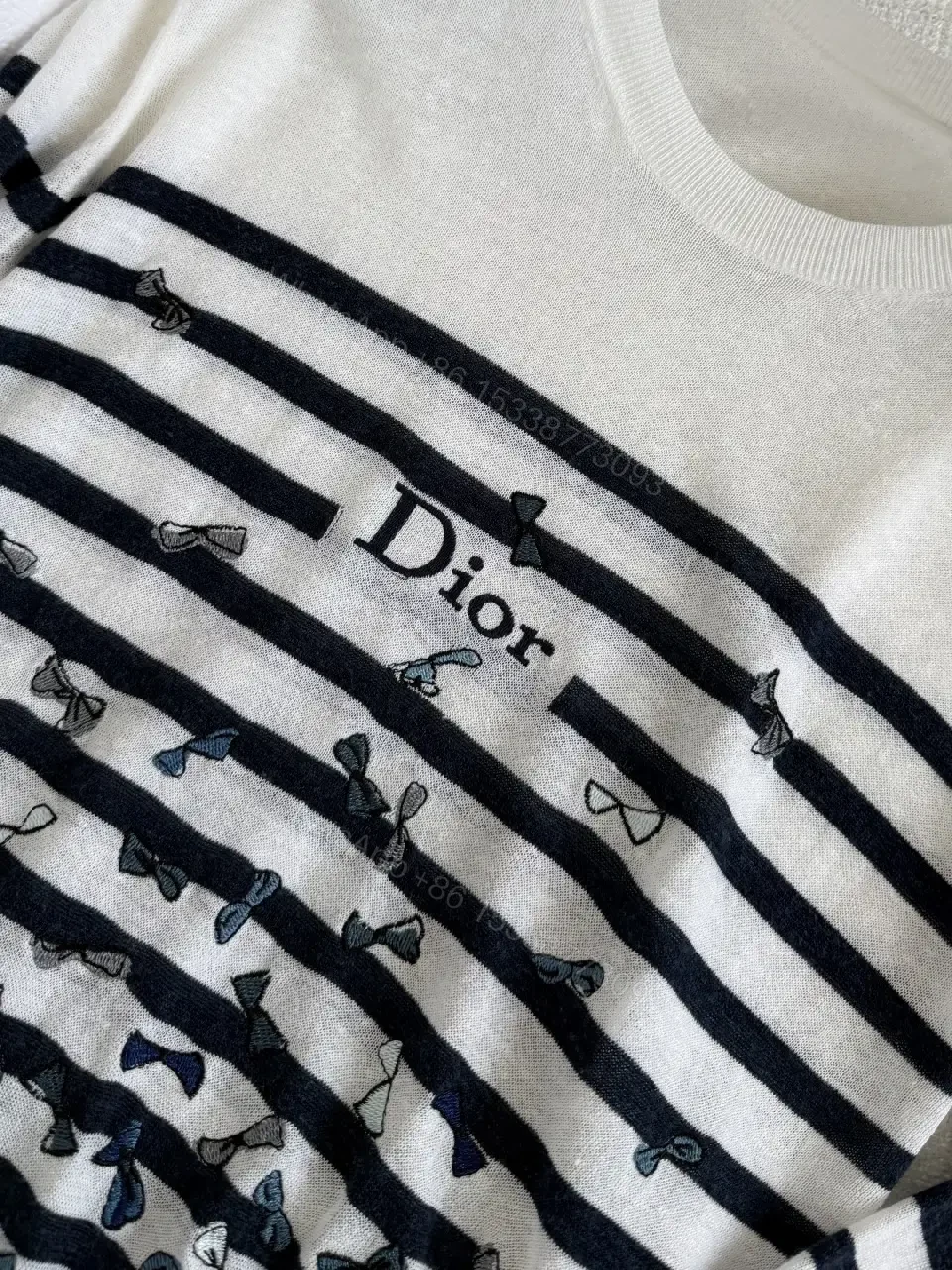 View 10 of Cream Knit Sweater Navy Stripes, Embroidered Bows, Ribbed Crewneck