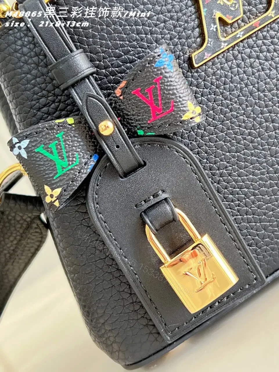 View 6 of Mini Black Satchel: Pebbled Leather, Gold Hardware, Bold Accent