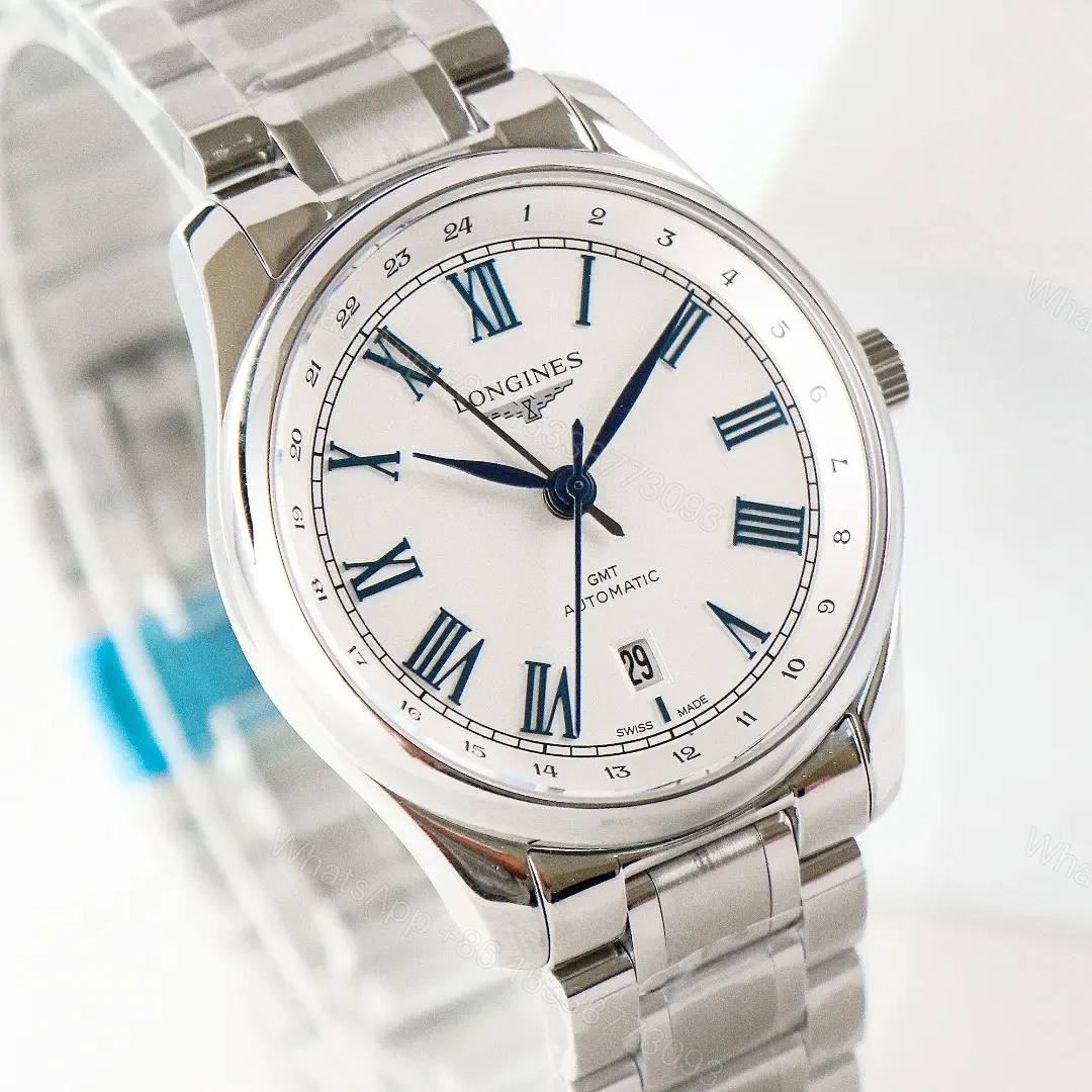 View 5 of Longines Master Collection Classic Re Edition GMT Watch White Dial Stainless Steel Bracelet 40mm Case Sapphire Crystal Italian Leather Strap Option