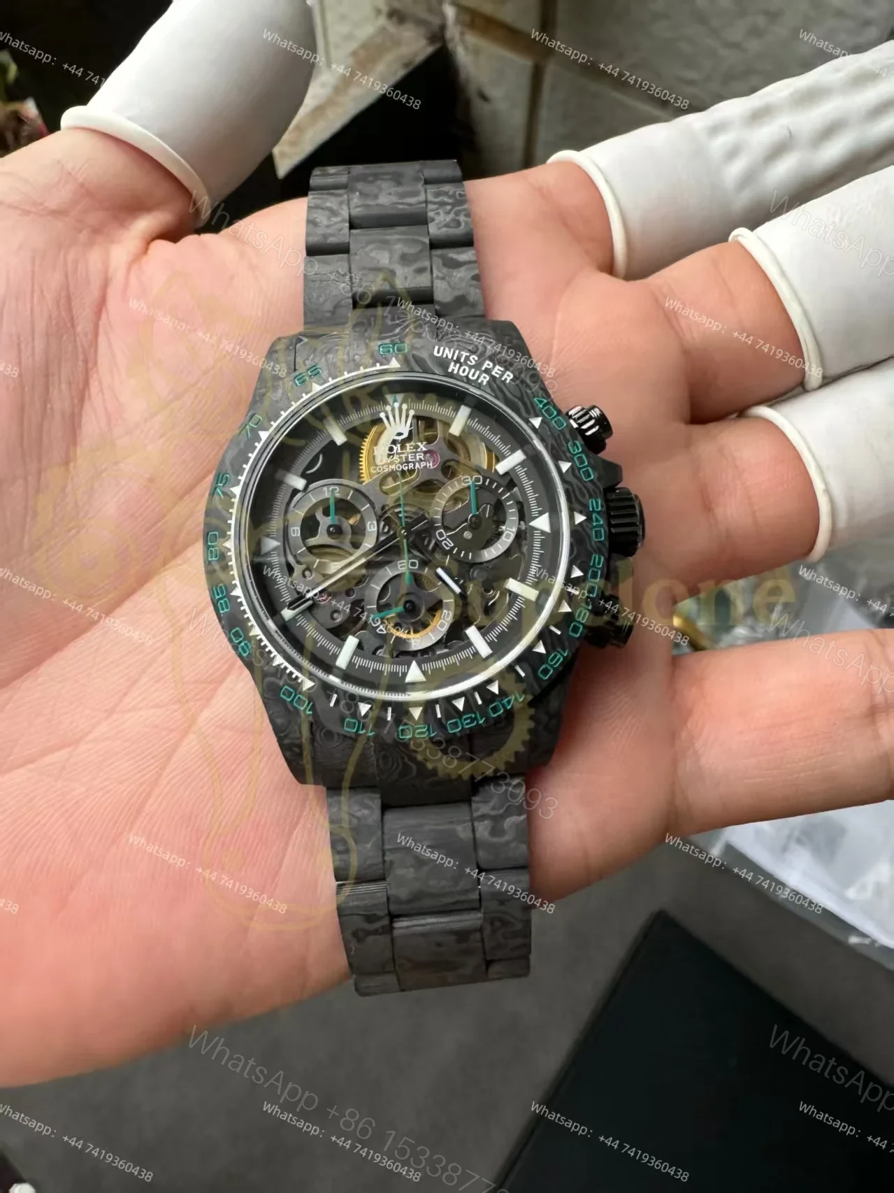 View 2 of Rolex Super Clone Carbon Fiber Daytona Teal Green Accents Full Carbon Bracelet