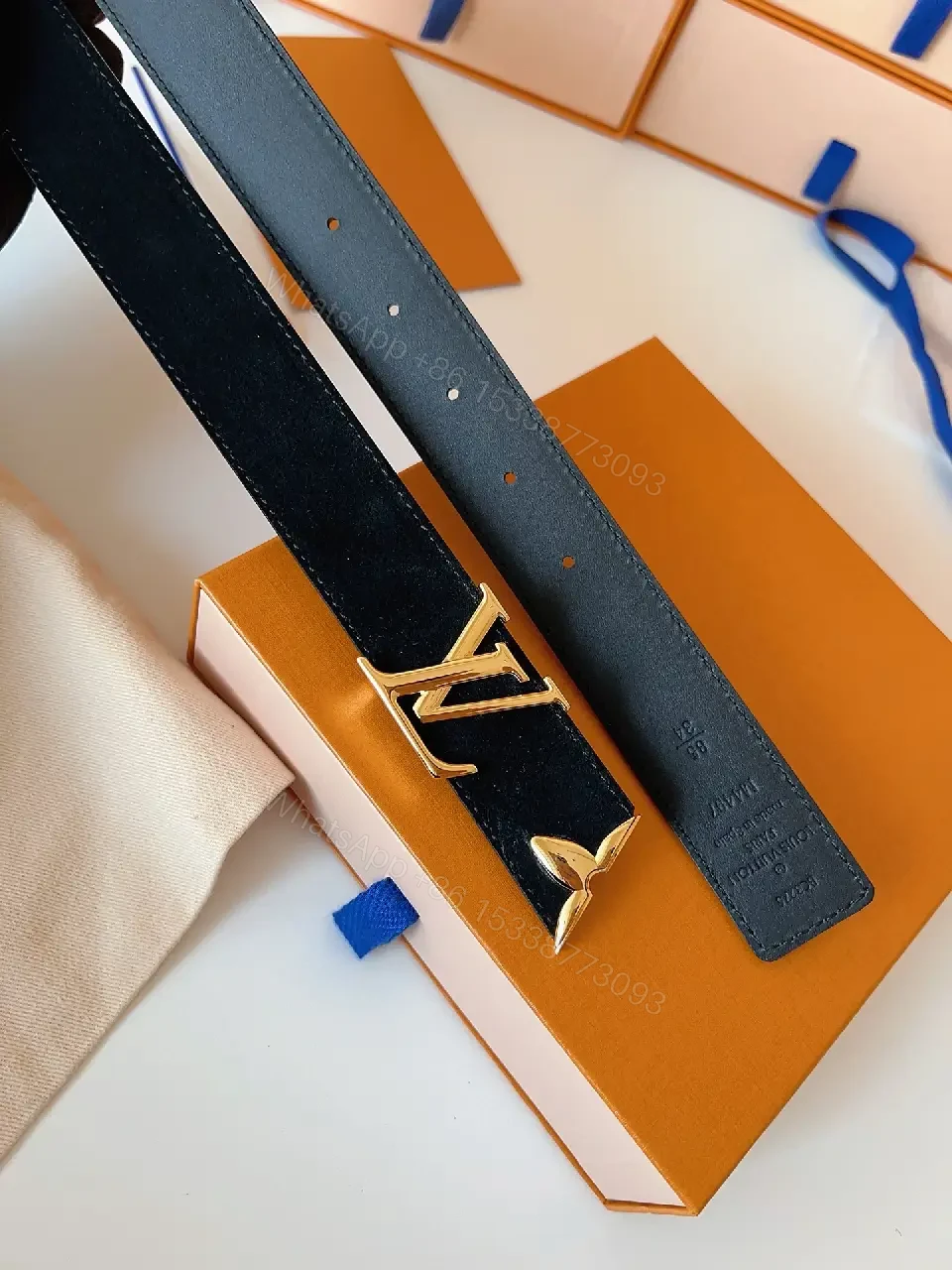 View 7 of Lux Calfskin Belt: Black, Gold Buckle, Minimal Luxury