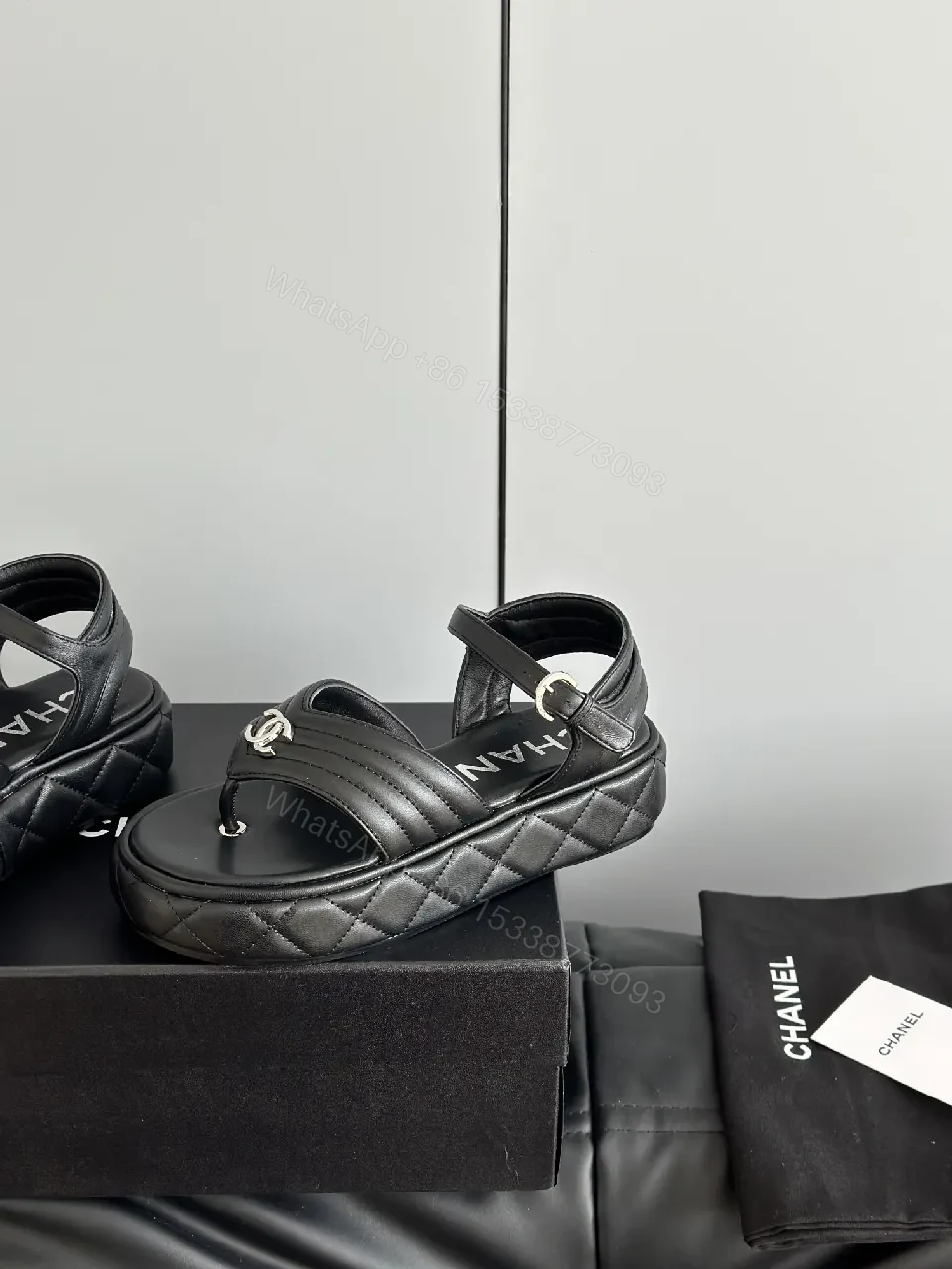View 9 of Black Leather Quilted Sandals with Interlocking Detail, Platform Style