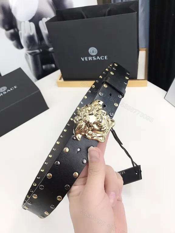 View 3 of Statement Belt: Black Leather, Medusa Buckle, Gold Studs, Luxury